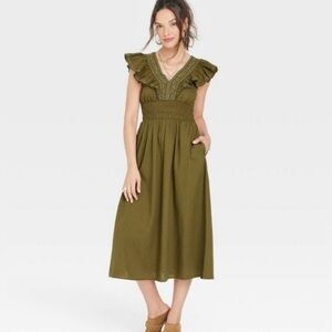 Universal Thread Khaki Midi Dress with Ruffle Sleeves